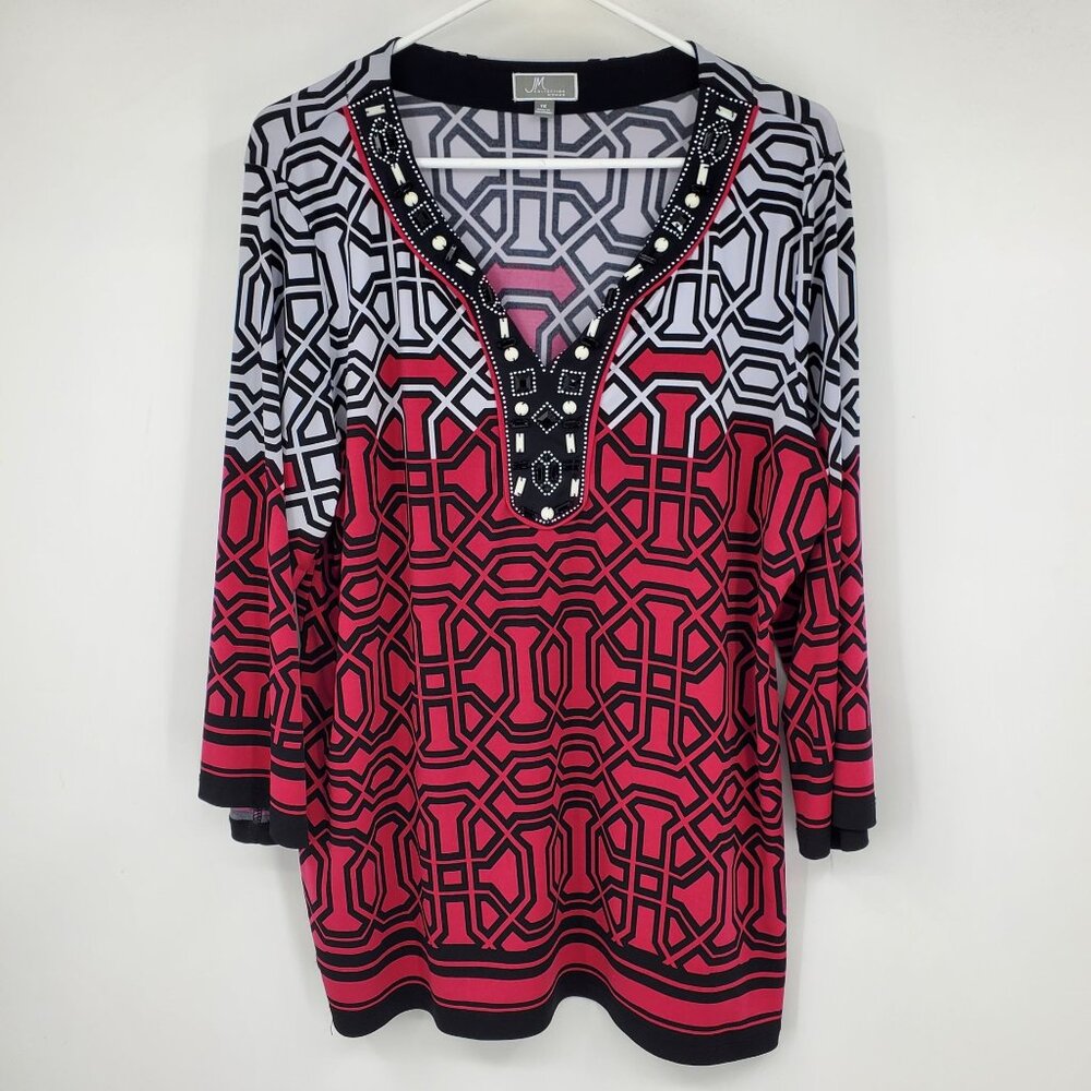JM Collection Embellished Geometric Beaded Pink 3/4 Sleeve Tunic Top Shirt 1X